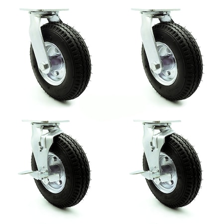 Service Caster 8 Inch Black Pneumatic Wheel Caster Swivel with 2 Brakes, 4PK SCC-100S280-PNB-2-TLB-2